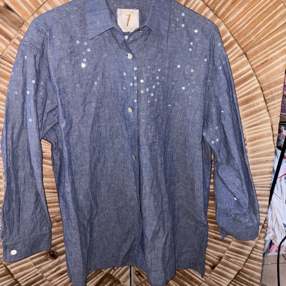 Times Seven Todd Oldham x Henri Bendel Vintage Navy Sequin Button Down Shirt